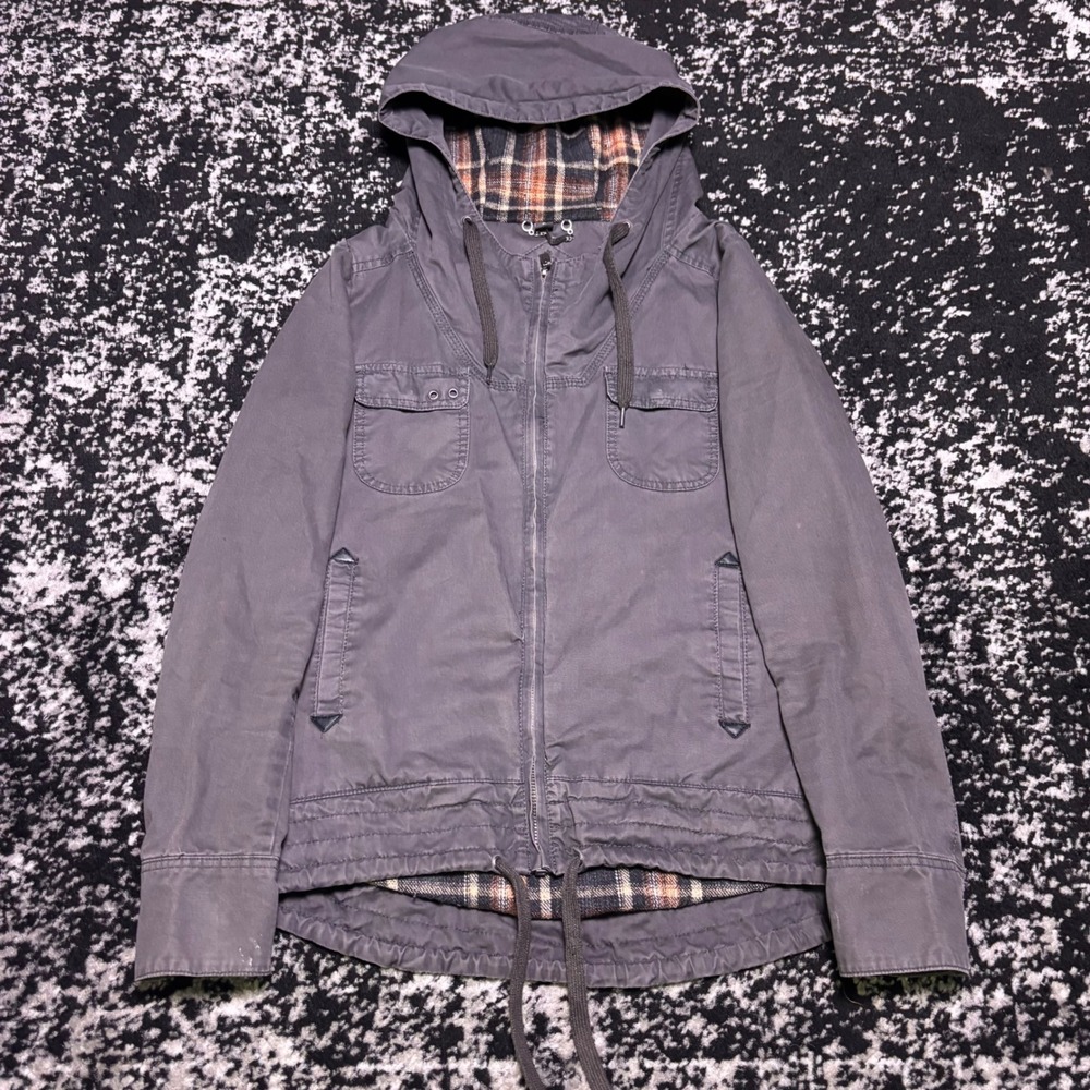 Joujou Womens Grey Utility Jacket Plaid Lined Hooded Y2K Grunge Cargo Coat Small